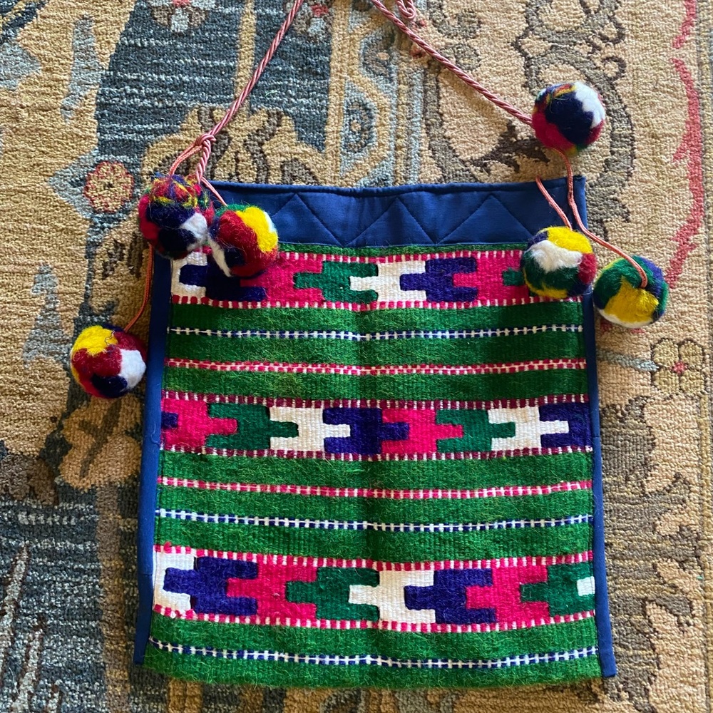 Vtg Woven Wool Tapestry Bag Pom Poms Green Folk Boho 70s Aztec Mexican
